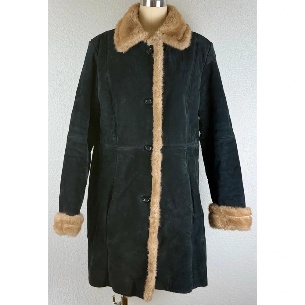 U.S.A. Leather Vintage 70s Style Penny Lane Sherpa Lined Coat 
Black w/Tan Large - Picture 7 of 11